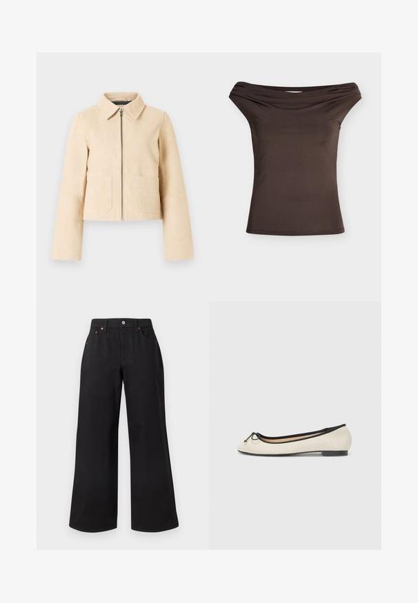 Beige kurze Jacke mit langen Ärmeln, spitzem Kragen, Vorderreißverschluss und zwei aufgesetzten Fronttaschen auf hellem Hintergrund.; Braunes, schulterfreies, figurbetontes Oberteil mit umgeschlagenem Kragen, ärmellos, vor weißem Hintergrund präsentiert.; Schwarze Hose mit weitem Bein, vorn mit Knopf und Reißverschluss, Gürtelschlaufen und Fünf-Taschen-Stil, auf weißem Hintergrund dargestellt.; Balletschuh aus beigem Textil mit schwarzem Rand. Mit einer abgerundeten Schuhspitze und einem kleinen Schleifenakzent an der Vorderseite. Flache Sohle.