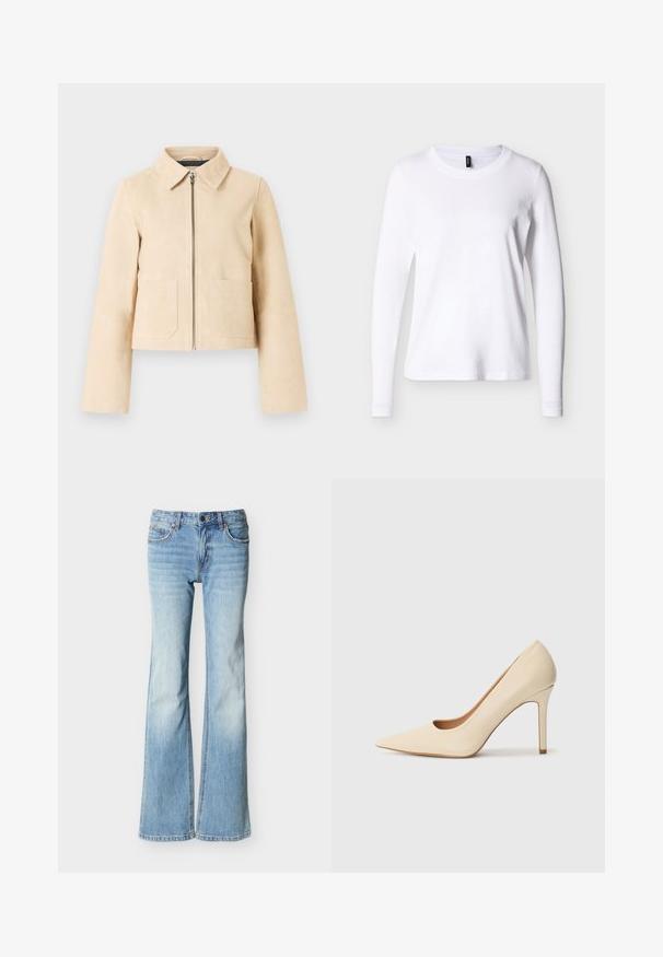 Veste courte beige à manches longues, col pointu, fermeture éclair à l'avant et deux poches plaquées sur le devant sur un fond clair.; T-shirt blanc à manches longues avec col rond, présenté sur un fond neutre, vue de face avec une étiquette noire au niveau du col.; Jean denim bleu clair taille haute avec jambes évasées, poches avant et fermeture à bouton et fermeture éclair, présenté sur un fond blanc.; Escarpin en cuir beige à talon haut avec un bout pointu et un détail découpé sur le côté, possédant un talon stiletto fin pour le soutien.