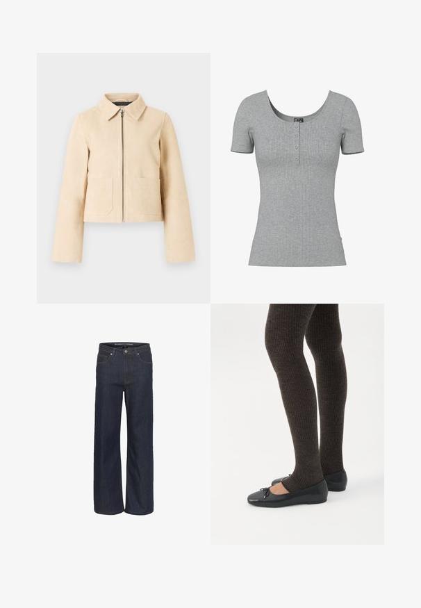 Beige cropped jack met lange mouwen, puntige kraag, rits aan de voorkant en twee voorzakken op een lichte achtergrond.; Grijs geribd kort mouw shirt met een ronde halslijn en vier kleine knopen middenvoor.; Donkerdenim wijde pijpen jeans met een hoge taille, voorzien van vijf zakken, contrasterende stiksels en een ruwe zoom aan de onderkant.; Benen met donkere geribbelde leggings gecombineerd met zwarte ballerina's met kleine strikdetails op een witte achtergrond.