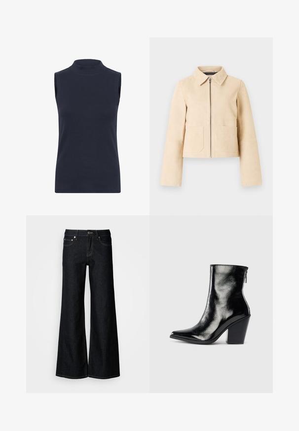 Veste courte beige à manches longues, col pointu, fermeture éclair à l'avant et deux poches plaquées sur le devant sur un fond clair.; Haut sans manches en col roulé bleu marine en tissu côtelé, avec une coupe près du corps et une texture lisse. Aucuns motifs ni embellissements visibles.; Jean en denim foncé à jambes larges avec une taille haute, un design à cinq poches et une couture contrastée jaune le long des coutures.; Bottines en cuir noir avec une finition brillante, bout pointu et talon trapèze. Dotées d'une fermeture éclair latérale pour un enfilage facile.