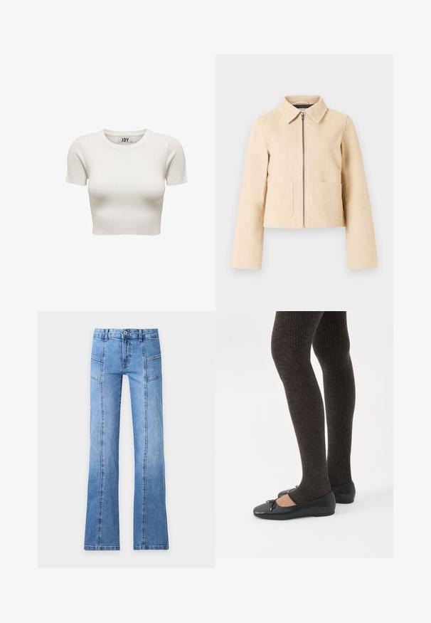 Beige cropped jack met lange mouwen, puntige kraag, rits aan de voorkant en twee voorzakken op een lichte achtergrond.; Crèmekleurige korte mouwen geribbelde crop top met ronde hals en JDY merklabel binnenin de kraag, weergegeven op witte achtergrond.; Lichtblauwe denim jeans met een hoge taille, knoop aan de voorkant, rits, naaddetails en licht uitlopende pijpen op een effen achtergrond.; Benen met donkere geribbelde leggings gecombineerd met zwarte ballerina's met kleine strikdetails op een witte achtergrond.