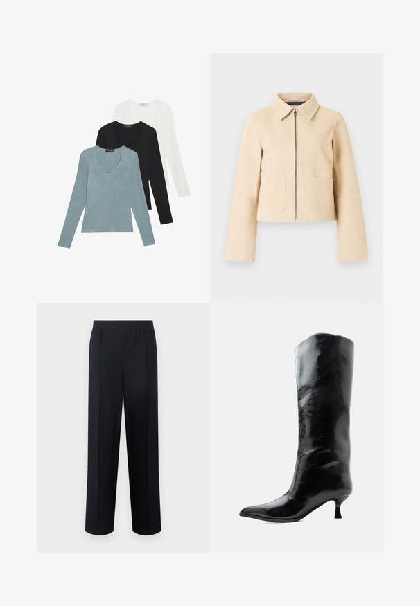 Beige cropped jakke med lange ærmer, spids krave, frontlynlås og to forlommer på en lys baggrund.; Tre langærmede toppe i lys blå, sort og hvid. Designet har en rund udskæring og en blød, let stoftekstur.; Sorte bukser med lige ben, en figursyet talje og en forside med pressfolder, vist på en enkel lys baggrund.; Sort skinnende knæhøj læderstøvle med spids tå og lav buet hæl på en ensfarvet lys baggrund.