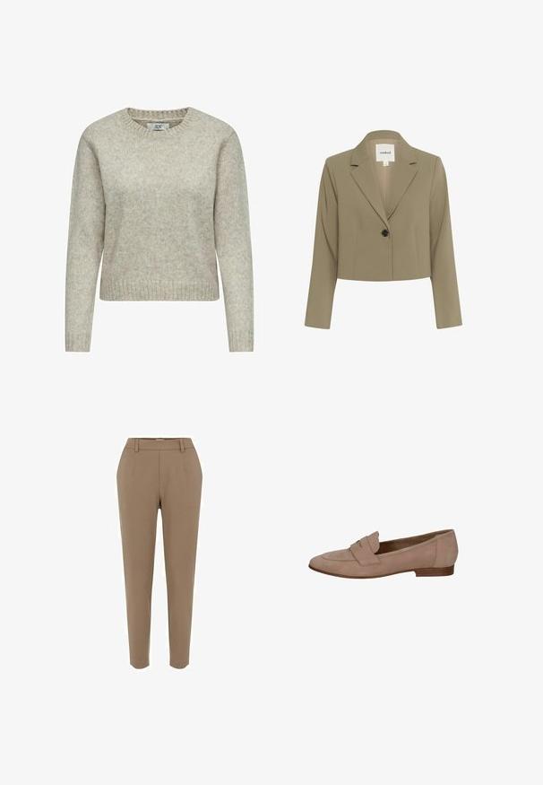 Chaqueta corta de tela verde oliva con solapa muesca, cierre de un botón y mangas largas. Textura suave con detalles de costura sutiles.; Suéter de mujer en color beige claro, hecho de una suave tela de punto, que presenta un cuello redondo y puños y dobladillo de canalé. Diseño clásico de corte recto.; Pantalones tailored marrones, con un diseño de pierna recta, textura suave, bolsillos frontales y una cinturilla con trabillas para cinturón.; Mocasín de ante beige con punta redonda, que presenta una cinta decorativa en la parte frontal y un tacón bajo de madera. Textura suave, diseño minimalista.