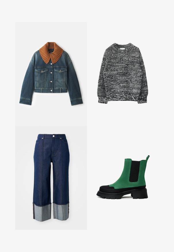 Dondup Cowboyjakker - blue; Sort og hvid strikket sweater med rund halsudskæring, lange ærmer og ribbede manchetter samt et tekstureret mønster over det hele.; Mørkeblå bukser med vid benvidde og foldede manchetter, der viser lysere denim indeni, med en knap fortil og lommer på en hvid baggrund.; Grønne ruskindsankelsko med sorte elastiske sidepaneler og en tyk, mønstret sål. Har en træksløjfe bagpå for nem påtagning.
