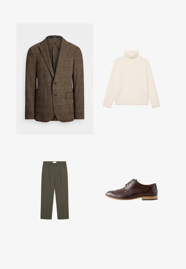 Blazer marrón a cuadros con solapa muesca, dos bolsillos frontales y un cierre de un solo botón. La tela texturizada añade profundidad al diseño.; Jersey de cuello alto de canalé en color crema, hecho de una tela suave, con mangas largas y un corte relajado, que presenta un cuello doblado y un dobladillo.; Pantalones verde oliva con rayas verticales, que cuentan con una cintura entallada, pliegues y un diseño de pierna recta. Textura suave.; Zapato de vestir brogue de cuero marrón oscuro con detalles de ala, cordones cerrados y suela ligera de madera, visto desde el lado exterior.