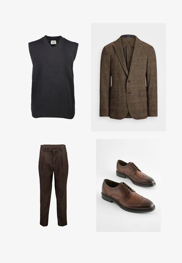 Brun ternet blazer med skrålapel, to frontlommer og enkeltknaplukning. Den strukturerede stof giver dybde til designet.; Lindbergh V-NECK SLIPOVER - Striktrøje - black; Brune herreuld bukser med forreste plisseringer, knaplukning og bæltestropper, vist mod en hvid baggrund.; Brune læder derby sko med brogue-design, spidse tæer og flad gummisål. Intrikate perforeringer langs kanterne.
