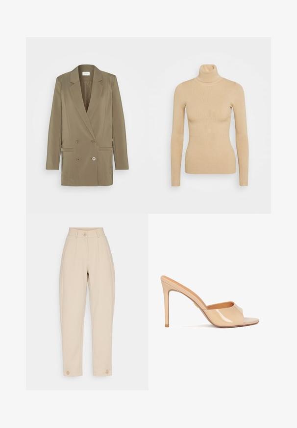 Blazer de doble botonadura en verde oliva, con solapa, dos bolsillos frontales y una sutil textura. Diseñado con un ajuste estructurado.; Suéter de punto beige con cuello alto y mangas largas, que presenta una silueta ajustada y una textura suave. Sin hardware ni patrones visibles.; Pantalones tapered beige de tela suave, con pliegues frontales, cierre de botón en la cintura y detalles de botón en los tobillos.; Mule de charol beige de tacón alto con punta abierta, diseño de tira curvada y tacón de aguja, que presenta un sutil detalle en dorado.