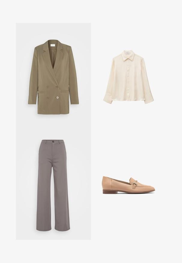 Blazer croisé en vert olive, doté d'un col cranté, de deux poches avant et d'une texture subtile. Conçu avec une coupe structurée.; Chemisier en soie crème à manches longues avec col pointu et fermeture à boutons devant, présenté sur fond blanc uni. Aucun motif ou dessin visible.; Pantalons à jambe large en tissu gris doux. Dotés d'une fermeture à bouton et de coutures nettes. Texture lisse sans motifs ni embellissements visibles.; Mocassins en cuir beige avec un petit talon, présentant un design cousu et un petit accent en métal argenté sur le dessus. Texture lisse.