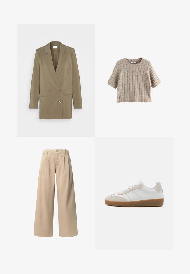Dobbeltradet blazer i olivengrøn med slagkrave, to forlommer og subtil tekstur. Designet med en struktureret pasform.; Kortærmet, ribbet sweater i lys beige med en rund halsudskæring og blød tekstur, lavet af et hyggeligt strikmateriale.; Beige brede bukser med to frontfolder, en knaplukning og en glat overflade. Designet til komfort og en løs pasform.; Hvide lædersneakers med beige ruskindsdetaljer, struktureret tunge og gummisål. Har hvide snørebånd og diskrete stikninger.
