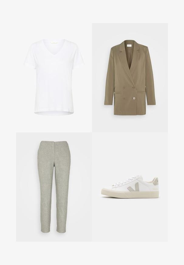 Blazer croisé en vert olive, doté d'un col cranté, de deux poches avant et d'une texture subtile. Conçu avec une coupe structurée.; T-shirt blanc à manches courtes avec un col en V, en tissu doux, doté d'une coupe décontractée et d'un ourlet droit avec des détails de couture minimaux.; La Strada Unica PENNY PIN STRIPED ANCLE PANT - Pantalon classique - medium grey melange; Baskets blanches en cuir avec des accents gris en forme de V, semelle en caoutchouc texturé, lacets blancs, et languette et col rembourrés.
