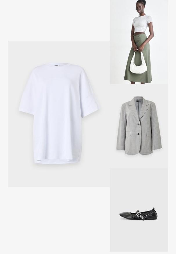 Hellgrauer Nadelstreifenblazer mit aufgeschlagenem Revers, zwei vorderen Pattentaschen und zwei unterschiedlich farbigen Knöpfen am vorderen Verschluss.; Oversized, kurzärmliges weißes T-Shirt aus Baumwolle. Runder Halsausschnitt, Seitenschlitze am Saum und glatte Textur ohne sichtbare Muster oder Akzente.; Schwarze Leder-Ballerinas mit spitzem Zehenbereich, gerafften Details am Schaft und einem silbernen Schnallenakzent am verstellbaren Riemen.; Grauer gerippter Croptop und olivgrüner Rock mit hoher Taille. Das Modell hält eine weiße Schultertasche mit Ausschnittdetails. Schlichte Gestaltung, taillierte Silhouette.