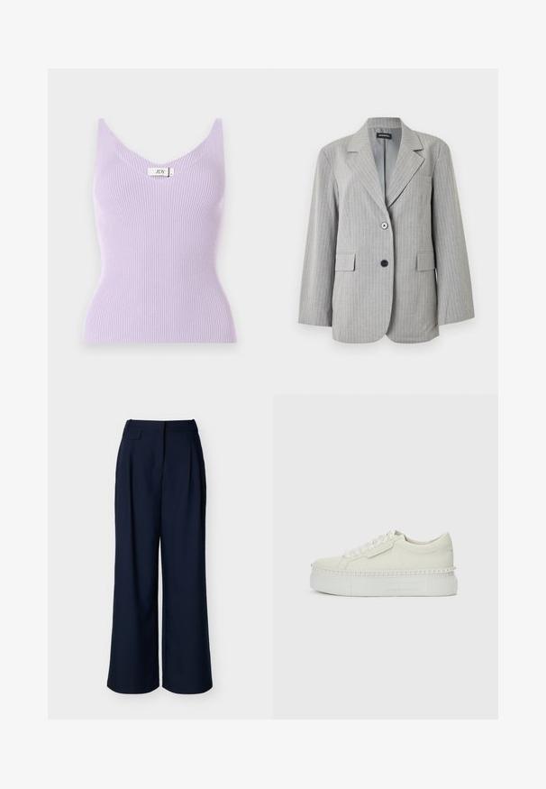 Blazer gris clair à fines rayures avec revers crantés, deux poches avant à rabat et deux boutons de couleurs différentes sur la fermeture avant.; Haut sans manches lilas à côtes avec un col en V et une coupe ajustée. Le matériau semble doux avec des détails de texture verticale. Étiquette de marque visible.; Pantalon large bleu marine à taille haute avec des plis avant, présenté sur un fond blanc uni.; Baskets plateforme blanches avec bordure en perles autour de la semelle et lacets en ruban de satin sur un fond blanc uni.
