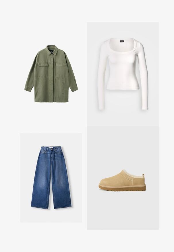 Veste à manches longues de couleur vert olive avec fermeture à boutons sur le devant, deux poches à rabat sur la poitrine, deux poches latérales fendues et un col classique.; Haut blanc à manches longues avec un col arrondi. Confectionné en tissu côtelé, il présente une coupe ajustée et une texture lisse avec une finition sans coutures.; Jeans en denim bleu à jambes larges avec poches avant, passants de ceinture et fermeture par bouton, posés à plat sur un fond clair.; Chaussure en daim à enfiler de couleur beige clair, dotée d'une douce doublure en fourrure et d'une semelle en caoutchouc texturé avec un léger talon et une sangle à l'arrière pour un enfilage facile.