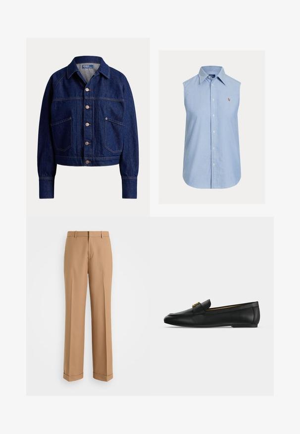 Dunkelblaue Jeansjacke mit vorderer Knopfleiste, zwei großen schrägen Taschen, langen Ärmeln und Kragen.; Hellblaues ärmelloses Hemd aus Baumwolle mit Knopfleiste. Verfügt über einen klassischen Kragen und ein aufgesticktes Logo auf der Brust. Glatte Textur.; Beige maßgeschneiderte Hose mit geradem Bein, aus weichem Stoff, mit einer mittigen Bügelfalte und umgeschlagenen Säumen.; Schwarzer Lederloafer mit goldenem Metallschnallendetail oben, flacher Sohle und genähtem Design entlang des oberen Randes.