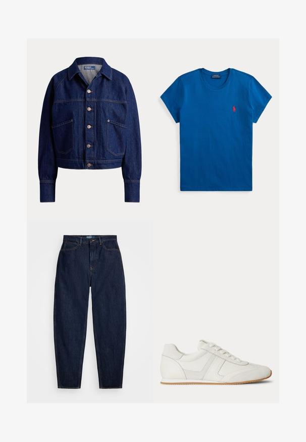 Veste en jean bleu foncé avec fermeture boutonnée sur le devant, deux grandes poches inclinées, manches longues et col.; T-shirt bleu à manches courtes et col rond avec un petit logo rouge Polo Ralph Lauren brodé sur la poitrine gauche.; Jeans en denim bleu marine avec une coupe droite, dotés de surpiqûres orange, d'une fermeture à bouton à l'avant et de cinq poches.; Baskets basses blanches avec laçage à l'avant, panneaux en daim et cuir, et une semelle en caoutchouc marron clair sur fond blanc.