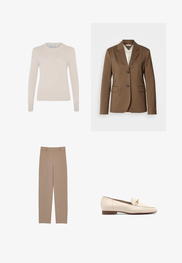 Bruine op maat gemaakte blazer met inkeping revers, twee knopen en klepzakken. Gladde textuur, gestructureerd ontwerp en volledig gevoerde binnenkant.; Style Republic Trui - sand; Beige eersteklas geklede broek met een rechte pijp, voorzien van een geplooide voorkant, riemlussen en subtiele stikdetails. Gladde, lichte stof.; Beige leren instappers met een platte hak, voorzien van een gestructureerde bovenkant en een kleine gouden accent aan de voorkant voor extra detail.