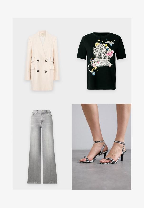 Doppelreihiger cremefarbener Blazer mit breiten Revers, zwei Fronttaschen und schwarzen Knöpfen. Ausgestattet mit einem strukturierten Stoff mit vertikalen Streifen.; Schwarzes T-Shirt mit einem bunten Motiv aus Tiger, rosa Schmetterling, Sternen und Wolken. Hergestellt aus weichem Stoff mit klassischem Schnitt.; Weite graue Denim-Jeans mit einem verwaschenen Finish, Vordertasche und Knopfverschluss. Sie verfügen über ein gerades Bein und einen klassischen Saum.; Schwarz-weiße Sandalen mit Schlangenledermuster und hohen Absätzen, dünnen Riemen und einem kleinen Schnallen-Detail. Der Absatz ist schlank und spitz.