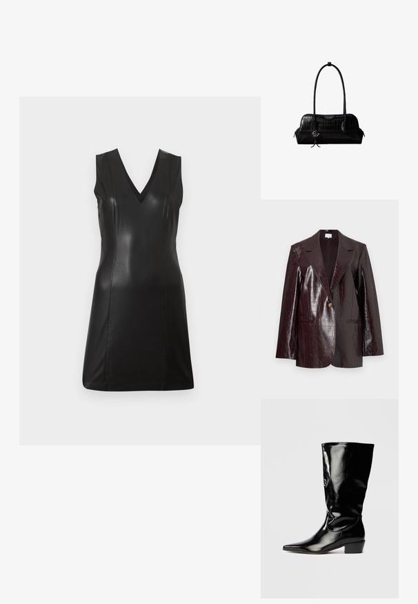 Blazer en simili cuir bordeaux foncé avec une texture crocodile, fermeture à un bouton, revers crantés et deux poches avant.; Robe noire sans manches en simili cuir avec décolleté en V et coutures ajustées, longueur genoux, sur un fond clair uni.; Botte noire en cuir verni, montée jusqu'au genou, avec un bout pointu, un talon légèrement effilé et une finition lisse et brillante.; Sac à épaule en cuir noir à texture crocodile, avec de longues sangles et un petit charm logo argenté sur une sangle.
