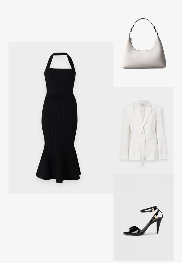 Witte linnen blazer met een enkele knoopsluiting, ingezette revers en een stoffen riem. Bevat twee voorzakken en heeft een gestructureerde afwerking.; Zwarte gebreide midi-jurk met halterhals, getailleerd lijfje, geribbelde textuur en uitlopende zoom. Geen zichtbare patronen of accenten.; Zwart lakleren hoge hak sandaal met dubbele enkelbandjes en gouden gespen, open teen en slanke, taps toelopende hak op een neutrale achtergrond.; Romige Calvin Klein leren schoudertas met gebogen bovenrand, zilveren rits en donkerbruine verstelbare riem.