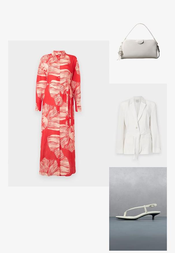 Hvid linnedblazer med en enkelt knaplukning, notched lapels og et stofbælte. Har to forlommer og en struktureret finish.; Rød langærmet kjole med krave, der har et hvidt blomsterprint og en bundet talje. Fremstillet af letvægtsstof med knaplukninger.; Hvid sandal med stropper og kitten-hæl med spids tå, svævende over et trægulv udendørs med en sløret plante og væg i baggrunden.; Hvid rektangulær Calvin Klein håndtaske med enkelt håndtag, minimalistisk design og dekorative kvaster med geometrisk metalvedhæng på siden.