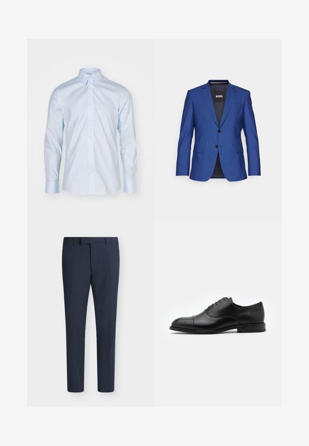 Blauwe blazer van gestructureerde stof met een enkelvoudige sluiting, twee knopen en zijzakken; merklabel aan de binnenkant zichtbaar.; Lichtblauwe overhemd met lange mouwen, voorzien van een klassieke kraag, knoopsluiting en contrasterende knopen; gemaakt van gladde stof met een frisse afwerking.; Marineblauwe, op maat gemaakte herenkleedbroek met riemlussen en een ritssluiting aan de voorkant, weergegeven tegen een effen achtergrond.; Zwarte leren dresschoenen met een ronde neus, vetersluiting en subtiele stikseldetails. Voorzien van een lage hak en een gladde textuur.