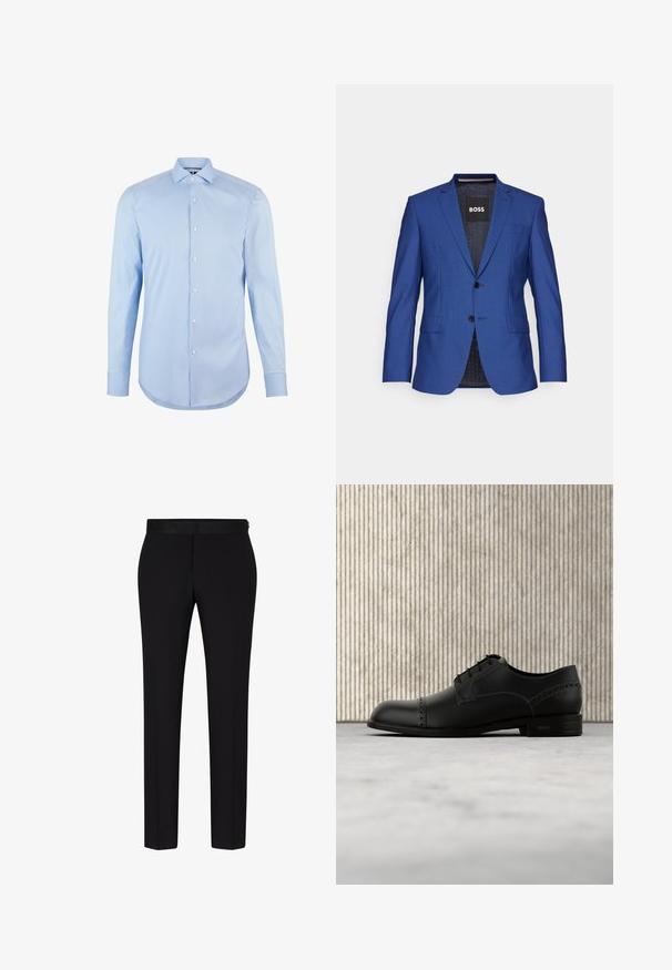 Blazer azul de tejido texturizado con un frente de una sola fila de botones, dos botones y bolsillos laterales; etiqueta de marca visible en el interior.; Camisa de manga larga azul claro confeccionada en algodón, con cuello de punta, botones en la parte frontal y dobladillo redondeado. Textura suave sin patrones.; BOSS H GENIUS TUX 231 - Pantalón de traje - black; Zapato de vestir de cuero negro con un acabado liso, punta redondeada y perforaciones decorativas. Cuenta con cinco ojales para cordones y una suela plana.