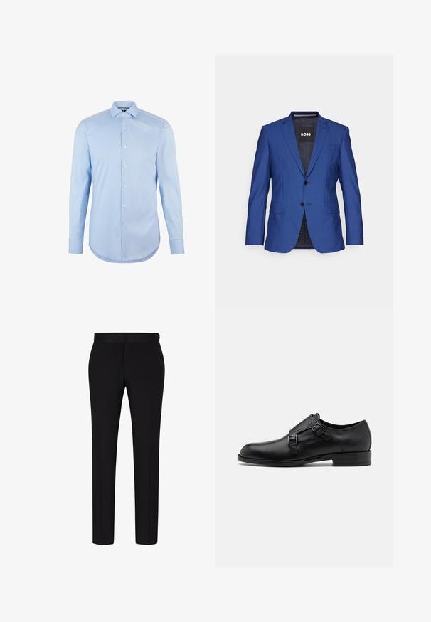 Blauer Blazer aus strukturiertem Stoff mit einreihiger Knopfleiste, zwei Knöpfen und seitlichen Taschen; sichtbares Innenlabel des Herstellers.; Himmelblaues Langarmhemd aus Baumwolle mit spitzem Kragen, Frontknöpfen und abgerundetem Saum. Glatte Textur ohne Muster.; BOSS H GENIUS TUX 231 - Anzughose - black; Schwarze Leder- Schnürschuhe mit doppelten Schnallen, schlanker Silhouette und runder Zehenpartie. Sie verfügen über einen niedrigen Absatz und eine glatte Textur.