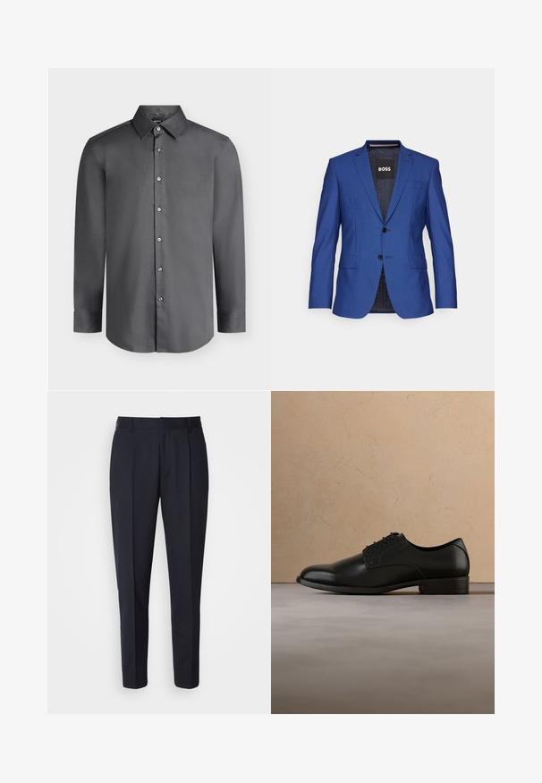 Blå blazer lavet af tekstureret stof med en enkelt front, to knapper og sidelommer; mærket indvendig label synlig.; Mørkegrå langærmet herreskjorte med spids krave og knapper foran, vist på en lysegrå baggrund.; BOSS PERIN - Bukser - navy; Sort lædersko svæver over beige vævet tæppe, med rundt træ sofabord og stablede bøger i blød fokus i baggrunden.