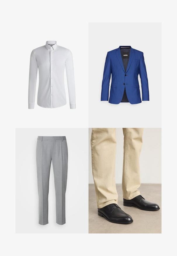 Blazer bleu en tissu texturé avec un devant à un seul bouton, deux boutons et des poches latérales ; étiquette de marque intérieure visible.; Chemise blanche à manches longues en tissu lisse, dotée d'un col boutonné et d'une rangée de boutons sur le devant. Design uni.; Pantalons gris sur mesure avec une texture lisse, présentant un devant plat, des jambes droites et de légères pinces pour plus de détail.; Chaussures noires en cuir à lacets avec un bout arrondi, finition lisse et détails de couture subtils, portées avec un pantalon beige clair.