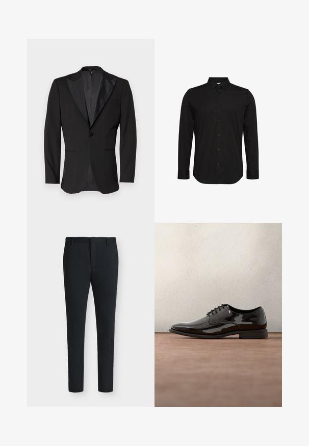 Veste de smoking noire avec revers satinés en pointe, fermeture à un bouton, deux poches avant et une fente à l'arrière. Texture lisse.; Chemise noire à manches longues en tissu lisse, avec un col pointu, une fermeture boutonnée à l'avant et un petit logo sur la poitrine.; Pantalon de costume noir coupe slim avec passants pour ceinture, fermeture éclair à l’avant et sans poches visibles, présenté sur un fond blanc uni.; Chaussure de dress en cuir verni noir avec un bout arrondi, un design à lacets et une surface lisse et brillante. Dispose d'une semelle en caoutchouc discrète.