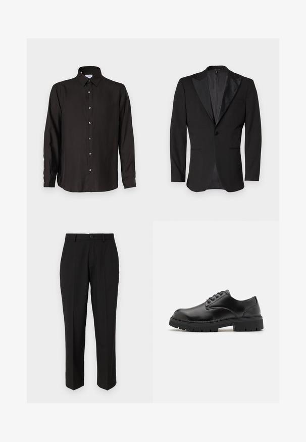 Sort smokingjakke med satin peak lapeller, enkelt knaplukning, to forlommer og en slids bagpå. Glat tekstur.; Sort langærmet skjorte lavet af glat stof, med knaplukning foran, spidse krave og afrundet kant med kontrasterende knapper.; Sorte bukser lavet af glat stof, med lige ben design, forlommer, en enkelt knaplukning, og uden synlige mønstre.; Sorte lædersko med rund tå, snørelukning og en tykk, struktureret gummisål. Har syninger langs kanten og en glat overflade.