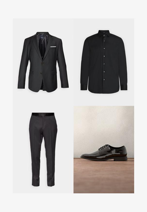 Black blazer made of smooth fabric featuring notched lapels, two brown buttons, two front pockets, and a white pocket square accent.; Black long-sleeve button-up shirt with pointed collar and white buttons, displayed flat on a light background.; Black tailored trousers with a slim fit, flat front, and subtle sheen. Features a smooth black waistband and crease detailing along the legs.; Black patent leather dress shoe with a rounded toe, lace-up design, and smooth, shiny surface. Features a low-profile rubber sole.