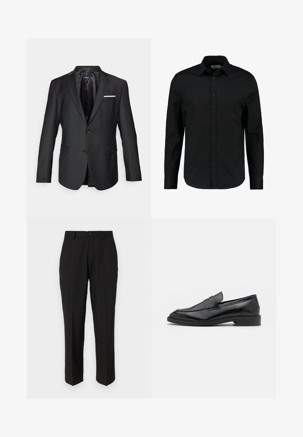 Sort blazer lavet af glat stof med spidse klapper, to brune knapper, to fremadskuende lommer og et hvidt lommetørklæde som accent.; Sort langærmet skjorte lavet af glat stof, har en knaplukning foran, spidse kraver og en skræddersyet pasform med en buet kant.; Sorte bukser lavet af glat stof, med lige ben design, forlommer, en enkelt knaplukning, og uden synlige mønstre.; Sorte læder loafers med en glat overflade, der har en rund tå og en smal bånd over det øverste. Lav stablet hæl.