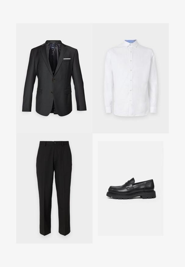 Sort blazer lavet af glat stof med spidse klapper, to brune knapper, to fremadskuende lommer og et hvidt lommetørklæde som accent.; Hvid langærmet skjorte med knaplukning, med et lyseblåt ternet mønster indeni kraven og manchetterne. Glat stoffer.; Sorte bukser lavet af glat stof, med lige ben design, forlommer, en enkelt knaplukning, og uden synlige mønstre.; Sort læderloafer med tyk rillede sål og penny-remdetalje, vist i højre sideprofil på hvid baggrund.