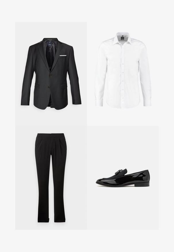 Zwarte blazer van gladde stof met een mooie revers, twee bruine knopen, twee voorzakken en een witte pochet als accent.; Witte langearmige shirt gemaakt van gladde stof, met een klassieke kraag, knopen aan de voorkant en manchetten met enkele knopen. Geen patronen of accenten.; Zwarte broeken van gladde stof met een elastische tailleband, rechte pijpen, plooien aan de voorkant en omgeslagen zoom. Eenvoudig en veelzijdig ontwerp.; Zwarte lakleren loafers met een lage hak, voorzien van een contrasterend zwart stoffen paneel en een decoratieve metalen gespaccent.