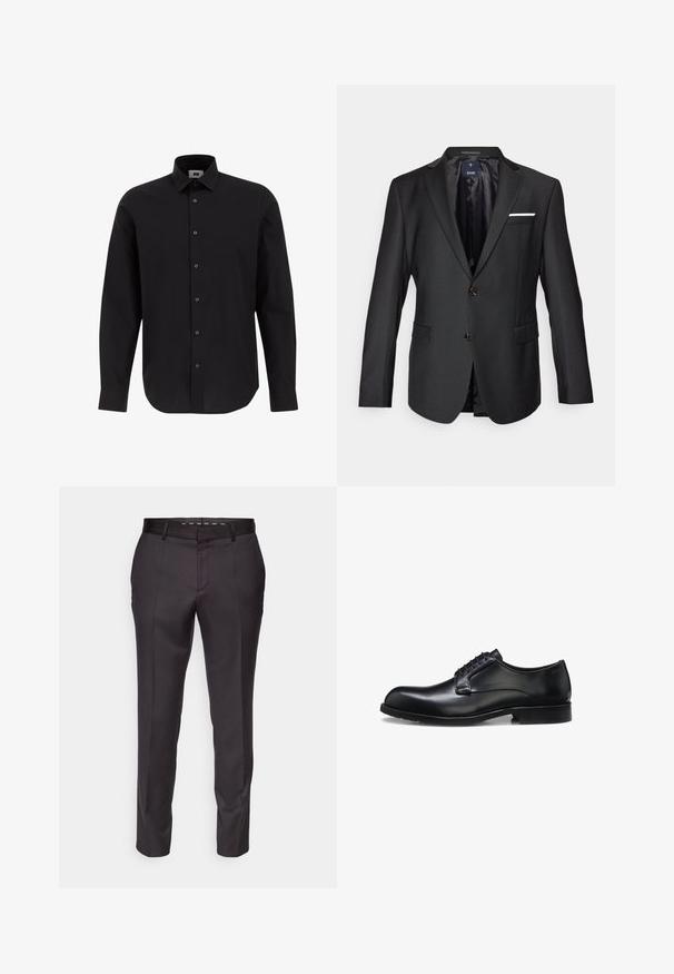 Sort blazer lavet af glat stof med spidse klapper, to brune knapper, to fremadskuende lommer og et hvidt lommetørklæde som accent.; Sort langærmet skjorte med knapper lavet af vævet stof, med klassisk krave, lige kant og sorte knapper langs forsiden.; Skræddersyede sorte bukser med en glat tekstur, struktureret design og frontfolder. Har lige ben og en tætsiddende talje.; Sort poleret læder herresko med lukket snøresystem, lav hæl og diskret mærkedetalje nær hælen på hvid baggrund.