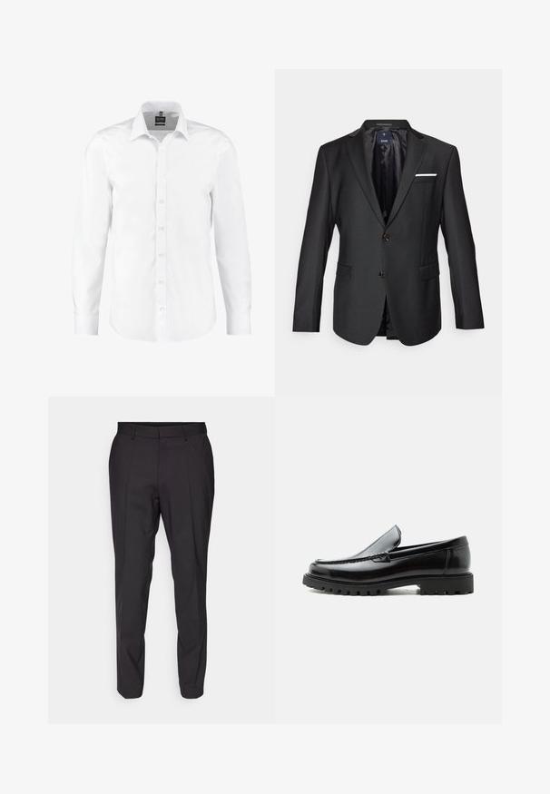 Zwarte blazer van gladde stof met een mooie revers, twee bruine knopen, twee voorzakken en een witte pochet als accent.; Witte langearmige shirt gemaakt van gladde stof, met een klassieke kraag, knopen aan de voorkant en manchetten met enkele knopen. Geen patronen of accenten.; Zwarte op maat gemaakte broeken met een rechte snit, voorzien van een platte voorkant, riemlussen en een gladde textuur. Geen zichtbare patronen of accenten.; Zwarte leren loafer met dikke rubberen zool, gestikte bovenkant en gegraveerde merknaam op de hiel, zijaanzicht op witte achtergrond.
