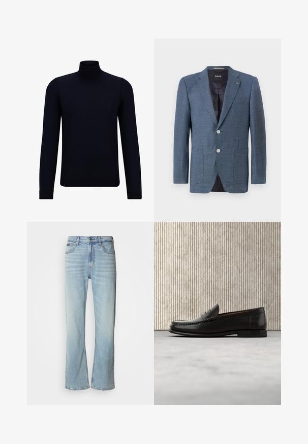 Blauwe blazer met een patroon, gemaakt van een gestructureerde stof, met twee knopen, een notch revers en twee voorkeurszakken. Heeft een gevoerde binnenkant voor extra comfort.; Diep marineblauwe coltrui gemaakt van fijn breiwerk, met lange mouwen en een aansluitende, hoge halslijn. Geen zichtbare patronen of accenten.; Lichtblauwe denim jeans met een rechte pijp, voorzien van vijf zakken, een knoopsluiting en subtiele vervaging op de stof.; Zwarte leren penny loafer met lage hak, afgeronde neus en gestikte details langs de voorkant en zijkanten, afgebeeld op een neutrale achtergrond.