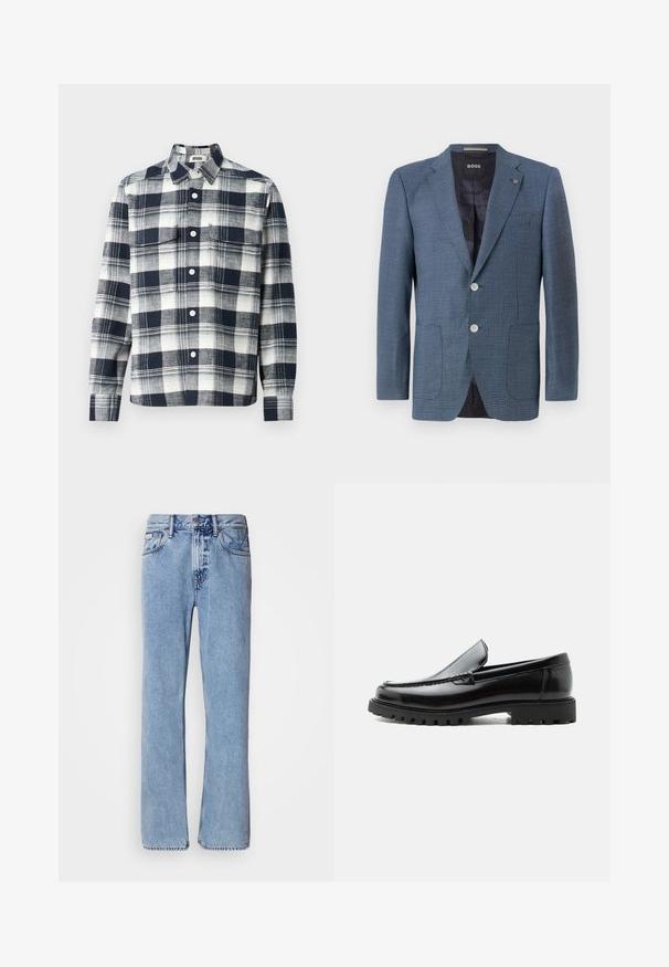 Blazer azul con un diseño estampado, tejido texturizado, dos botones, solapa de pico y dos bolsillos frontales. Presenta un interior forrado para mayor comodidad.; Camisa de cuadros fabricada en tela azul marino y blanca. Presenta un collar abotonado, un bolsillo frontal y mangas de longitud completa.; Jeans de mezclilla azul claro con un diseño de pierna recta, cinco bolsillos y cierre de botón. Detalles de costura cerca de los bolsillos y la cintura.; Mocasín de cuero negro con suela de goma gruesa, empeine cosido y nombre de la marca en relieve en el talón, mostrado en perfil lateral sobre fondo blanco.