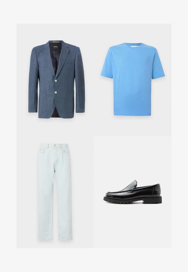 Blå mønstret blazer med struktureret stof, to knapper, almindelig revers og to forlommer. Har en foret inderside for ekstra komfort.; Kortærmet T-shirt i lyseblå, lavet af blødt stof. Har en klassisk rund hals og lige skåret kant med diskret teksturdetalje.; Lyseblå lige bukser lavet af denim, med knaplukning, diskret slid, og fem-lomme design.; Sort læderloafer med chunky gummisål, syet overdel og præget mærkenavn på hælen, vist i sideprofil på hvid baggrund.