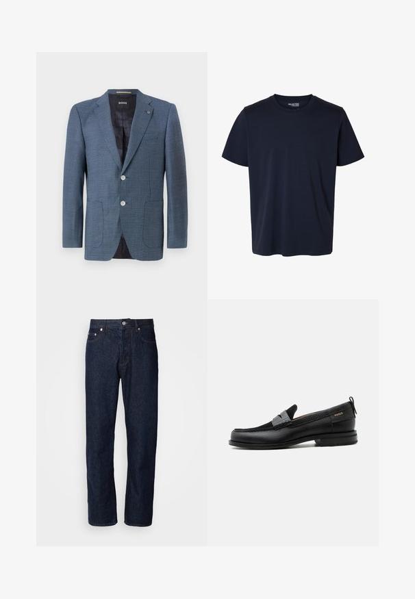 Blå mønstret blazer med struktureret stof, to knapper, almindelig revers og to forlommer. Har en foret inderside for ekstra komfort.; Simpel marineblå t-shirt med korte ærmer og rund halsudskæring med en lille trykt mærkelabel inde i kraven.; Mørkeblå denimjeans med lige ben, der har fem lommer, knaplukning og diskrete syninger.; Sort læderloafer med grå remdetalje, lav hæl og tekstureret sål, mærket med "HUGO" i guld på siden.