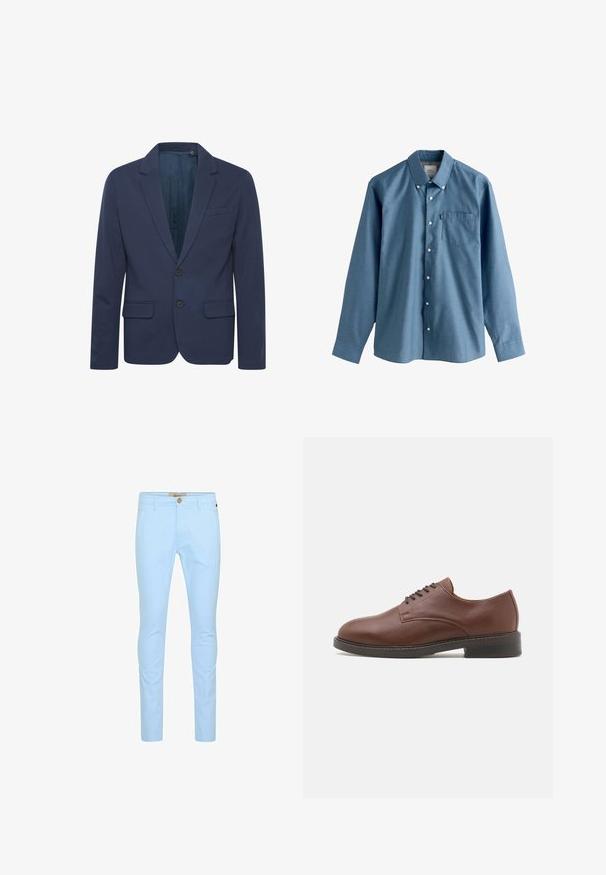 Mørkeblå blazer med notch-krave, to knapper og to forlommer; lavet af glat stof med en subtil glans.; Herres langærmede skjorte med knapper i blåt stof, der har en spids krave, en forlommer og hvide knapper langs knaplisten.; Lyseblå bomulds chinos med slim fit, der har en frontknaplukning, bæltestropper og en glat tekstur. Ingen synlige mønstre eller detaljer.; Brun læder sko til mænd med rund tå, snørelukning og en solid sort gummisål. Glat tekstur med en subtil glans.