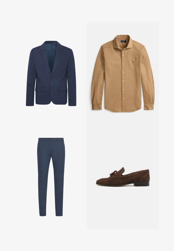 Marineblauwe blazer met een notch-revers, twee knopen en twee voorzakken; gemaakt van een gladde stof met een subtiele glans.; Beige overhemd met knopen, een visgraatpatroon, lange mouwen en een klassieke kraag. Voorzien van een klein geborduurd logo op de borst.; Marineblauwe katoenen broek met een slim fit, voorzien van een bruine knoop, voorzakken en eenvoudige stiksels. Zachte textuur, geen zichtbare patronen.; Bruine suède instapper met een lage hak, voorzien van een decoratieve kwast en gestikte details langs de zijkanten. Soepele textuur en verfijnde vorm.