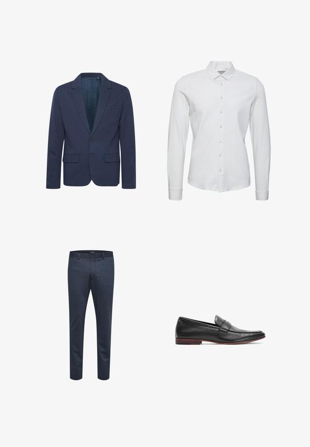Mørkeblå blazer med notch-krave, to knapper og to forlommer; lavet af glat stof med en subtil glans.; Hvid langærmet skjorte med knapper i glat stof, der har en klassisk krave, frontlukning med knapper og tætsiddende manchetter.; Marineblå bukser lavet af struktureret stof med slim fit, med knaplukning og bæltestropper, velegnede til afslappet eller formelt brug.; Sorte læder loafers med en glat tekstur, der har en syet detalje og en lav træhæl med en rød accent.