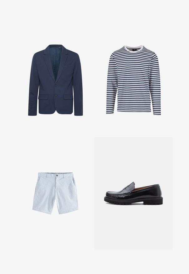 Marineblaues Blazer mit Reverskragen, zwei Knöpfen und zwei Vordertaschen; aus glattem Stoff mit einem subtilen Glanz gefertigt.; Langärmliges Shirt mit einem horizontalen Streifenmuster in Marineblau und Weiß, mit einem Rundhalsausschnitt und weichem, leichtem Stoff.; Helle blau gestreifte Shorts aus weichem Stoff mit zwei Seitentaschen und einem Knopfverschluss. Verfügt über ein durchgehendes Streifenmuster.; Schwarze Leder-Penny-Loafer mit strapazierfähiger Gummisohle und Mokassin-Stich, seitlich auf einem weißen Hintergrund dargestellt.
