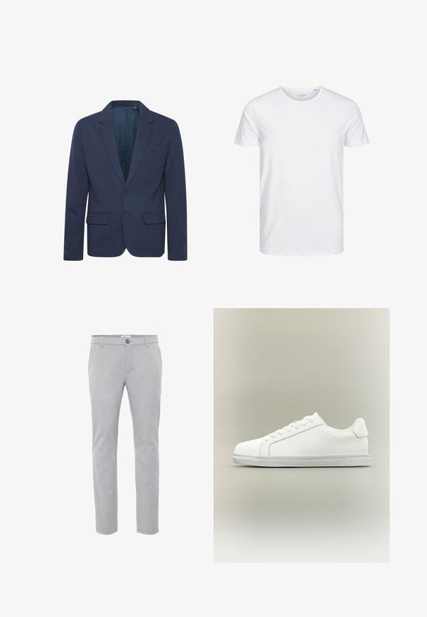 Mørkeblå blazer med notch-krave, to knapper og to forlommer; lavet af glat stof med en subtil glans.; Rundhals kortærmet t-shirt i ensfarvet hvid, lavet af blød bomuld, har et simpelt design uden synlige mønstre eller detaljer.; Lysegrå bukser lavet af vævet stof, med flad front, knaplukning og lige ben. Rene linjer og minimal dekoration.; Lavtop hvid sneaker med snørelukning foran og tekstureret gummisål mod en ensartet neutral baggrund.