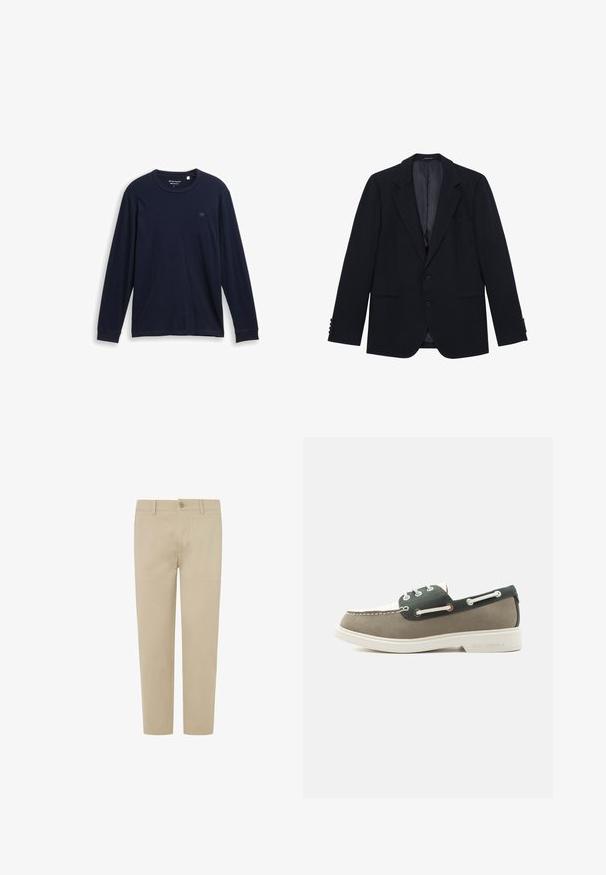 Sort herre blazer med to knapper, notch revers, to sidelommer og fire knapper på hver ærmekant, vist fladt.; Marine langærmet T-shirt lavet af blødt bomuld, med rund halsudskæring, syede kanter og et lille broderet logo på brystet.; Beige chinos med Slim Fit, lavet af blødt stof. Har en frontknaplukning, bæltestropper og lige ben.; Lavprofileret loafer med grå, hvide og mørkegrønne paneler, hvide snørebånd, hvid sål og snørebåndsdetaljer på siden mod en ensfarvet baggrund.
