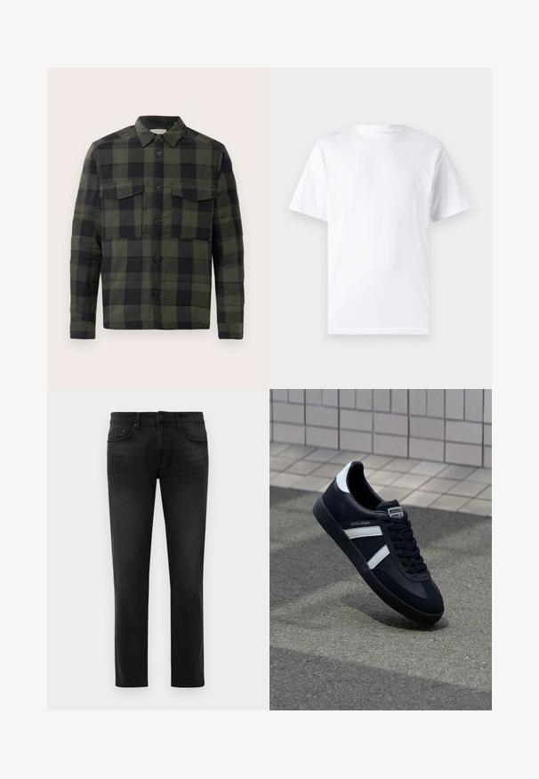 Grün-schwarz kariertes Langarm-Hemd mit Knöpfen, zwei Brusttaschen und Kragen, vor einem schlichten Hintergrund präsentiert.; Weißes kurzärmeliges T-Shirt aus Baumwolle mit Rundhalsausschnitt, das eine glatte Textur und ein einfaches Design ohne Muster oder Akzente aufweist.; Schwarze Slim-Fit-Jeans mit fünf Taschen, Gürtelschlaufen und Knopfverschluss, flach auf einem weißen Hintergrund ausgelegt.; Schwarze Leder-Sneaker mit weißen Streifen, strukturiertem Gummisohle und Schnürung. Verfügt über ein Markenetikett auf der Zunge.