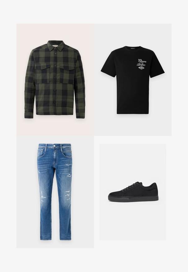 Grün-schwarz kariertes Langarm-Hemd mit Knöpfen, zwei Brusttaschen und Kragen, vor einem schlichten Hintergrund präsentiert.; Schwarzes Baumwoll-T-Shirt mit kurzen Ärmeln, das auf der linken Brust ein weißes "Chrome and Leather"-Grafikdesign und den Markennamen "REPLAY" zeigt.; Denim-Jeans in einer hellblauen Wäsche mit regulärer Passform. Mit abgenutzten Details und subtilen Auswaschungen in der Nähe der Taschen und Knie.; Schwarzer Low-Top-Sneaker mit Schnürung vorne und flacher Gummisohle, seitlich auf weißem Hintergrund dargestellt.