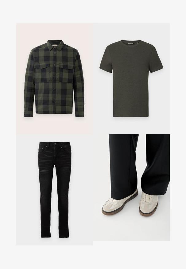 Grøn og sort plaid langærmet skjorte med knapper, to brystlommer og krave, vist mod en ensfarvet baggrund.; Mørkegrøn kortærmet t-shirt med rund halsudskæring, lavet af ribbet materiale; har et enkelt, minimalistisk design uden mønstre.; Sorte skinny jeans med en glat denimoverflade, traditionelt fem-lommer design, lynlåsfront og subtile falmede detaljer på stoffet.; Fødder iført beige sneakers med brune såler og sorte bukser med vide ben på hvid baggrund.